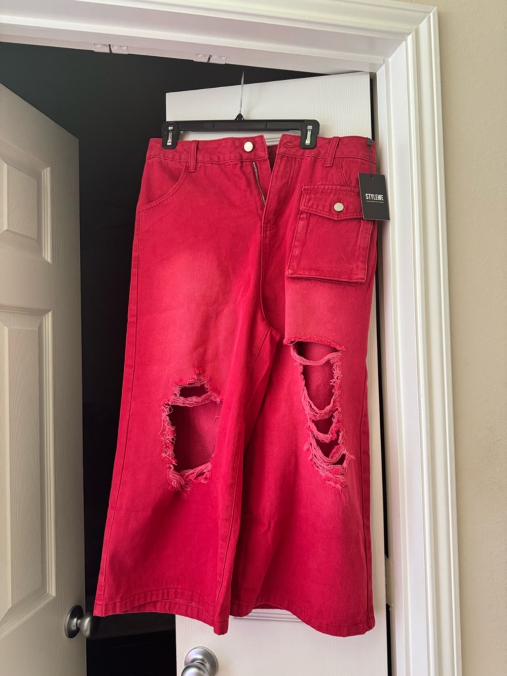 STYLEWE Vibrant Red Distressed Wide-Leg Jeans